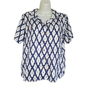Duluth Trading White & Blue Ikat Print hemp cotton blend Button Down Shirt M